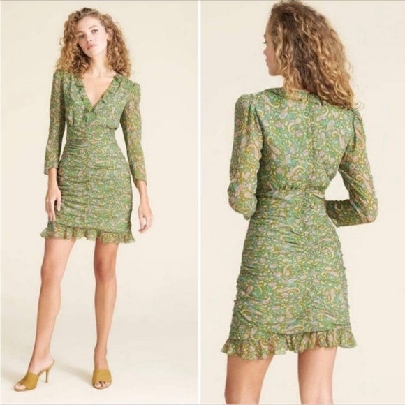 Veronica Beard Silk Ruched Paisley Floral Shala Fern Mini Dress Size 8 - Picture 1 of 15